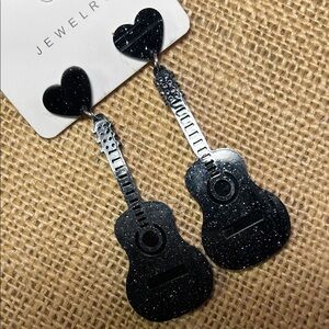 Black Glitter Guitar Heart Drop Earrings